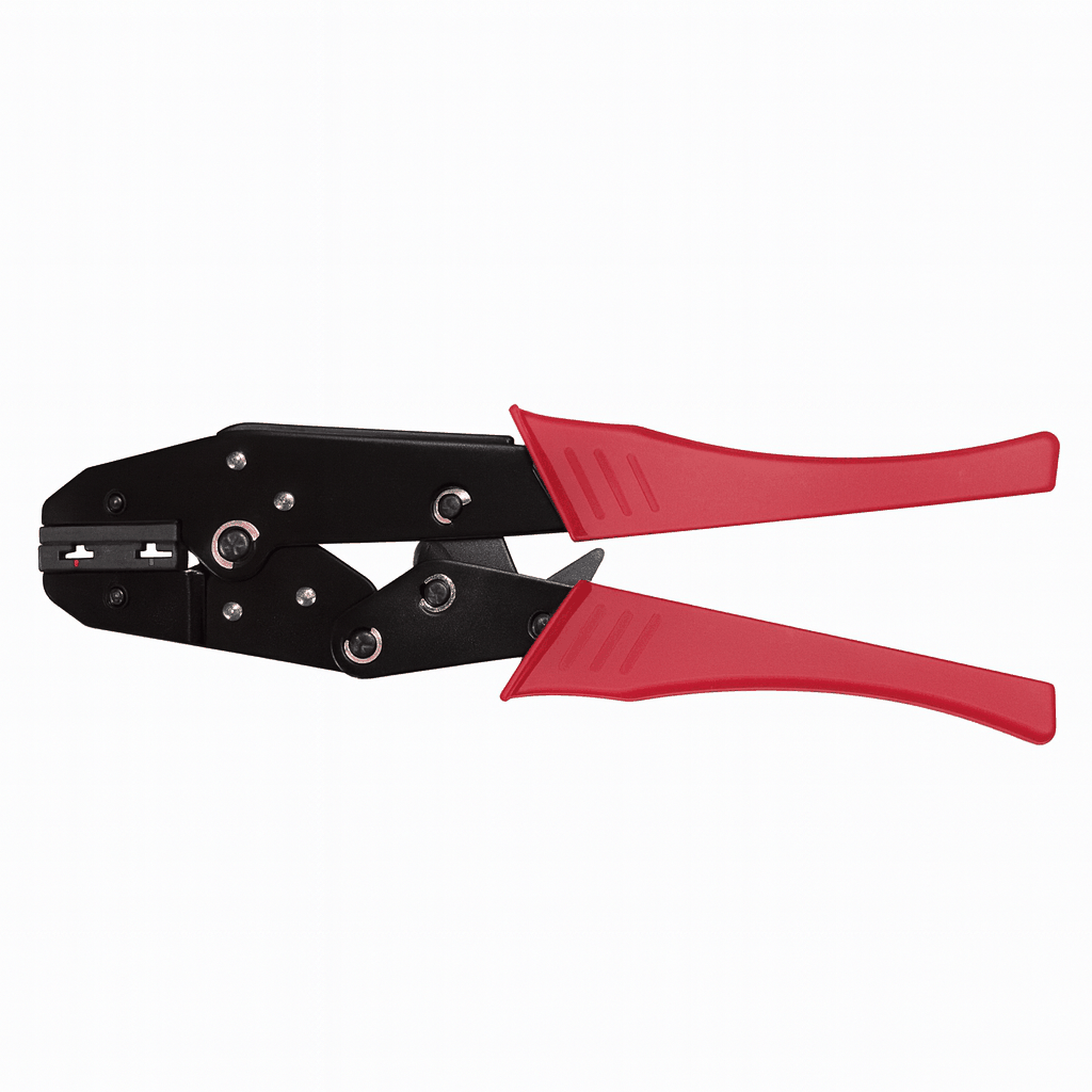 Flag terminal crimping tool with ergonomic handles and hardened steel body for precise right-angle crimps