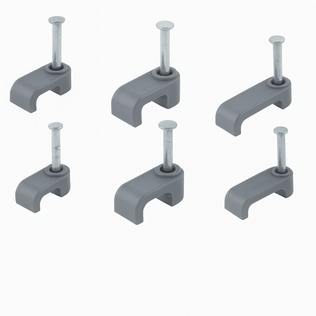 Flat Cable Clips securing electrical cables with HDPE material and high-carbon steel nails for durable cable management