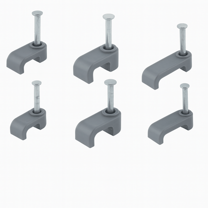 Flat Cable Clips securing electrical cables with HDPE material and high-carbon steel nails for durable cable management