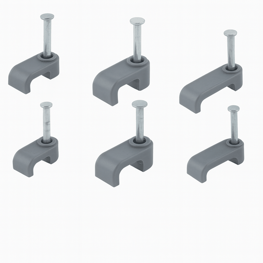 Flat Cable Clips securing electrical cables with HDPE material and high-carbon steel nails for durable cable management