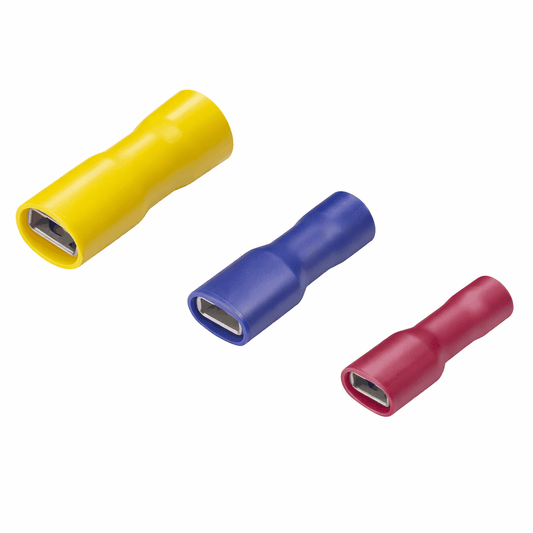 Fully insulated female disconnects with brass conductor, vinyl insulation, and tin-plated finish for safe electrical connections