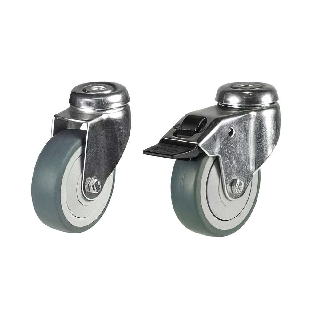 Light duty grey non-marking rubber single bolt hole castor with zinc-plated bracket and synthetic TPE wheel