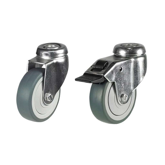 Light duty grey non-marking rubber single bolt hole castor with zinc-plated bracket and synthetic TPE wheel