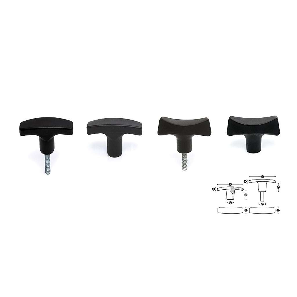 Male and female threaded tee handles in thermoplastic and thermoset materials