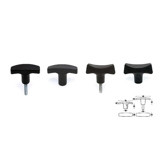 Male and female threaded tee handles in thermoplastic and thermoset materials