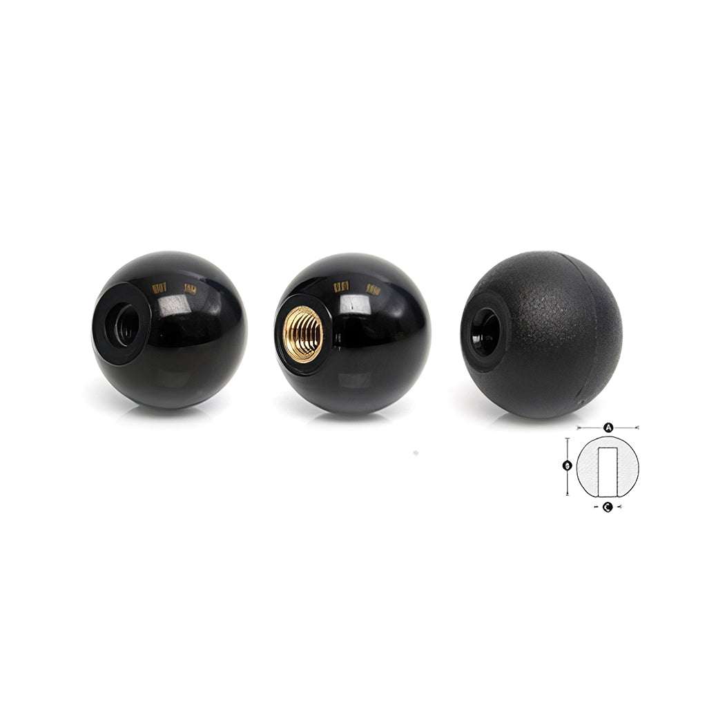Threaded ball knobs made of thermoset or thermoplastic material with internal threading and brass insert options