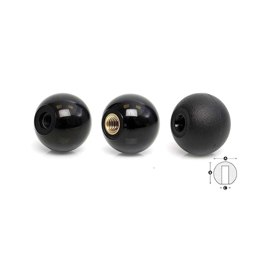 Threaded ball knobs made of thermoset or thermoplastic material with internal threading and brass insert options