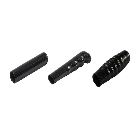 Black PVC hand grips in three styles: plain sleeve, finger grip, and bulbous, made with flexible PVC and dip moulding.