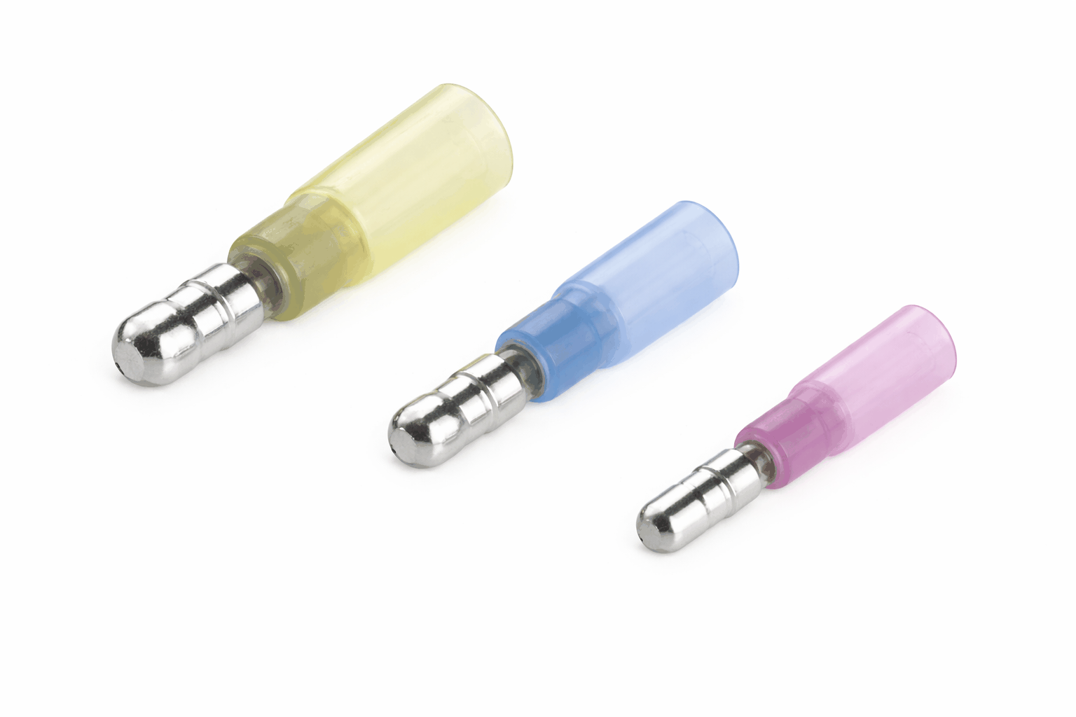 Heat shrink male bullet terminals with brass conductor, tin plating, and adhesive-lined insulation for waterproof electrical connections