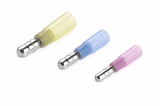 Heat shrink male bullet terminals with brass conductor, tin plating, and adhesive-lined insulation for waterproof electrical connections