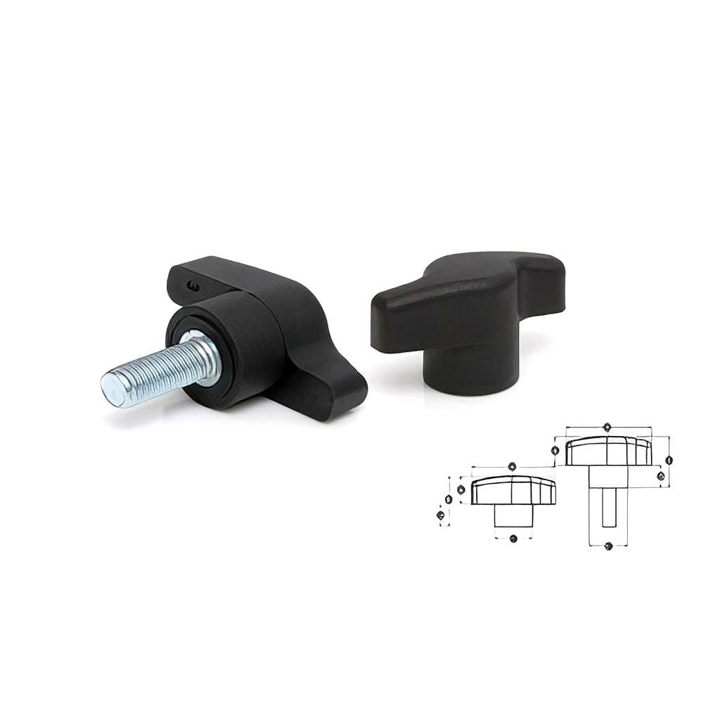 Two lobe offset wing handknob with ergonomic curved wings for efficient clamping and high impact resistant thermoplastic material