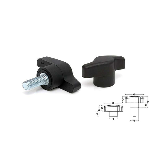 Two lobe offset wing handknob with ergonomic curved wings for efficient clamping and high impact resistant thermoplastic material