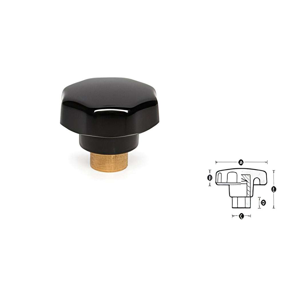 Black 8 lobe thermoset handwheel with gloss finish and brass insert