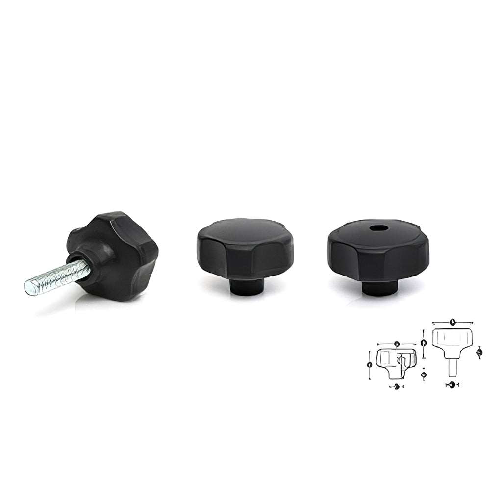 5 lobe thermoplastic handwheel made of high impact resistant material with male, female, or through thread options