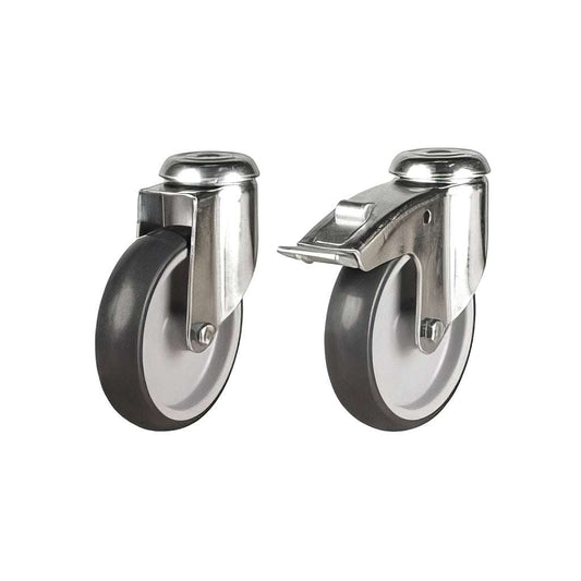 Light duty grey non-marking rubber bolt hole castors with zinc-plated bracket and synthetic TPR wheels for quiet floor protection
