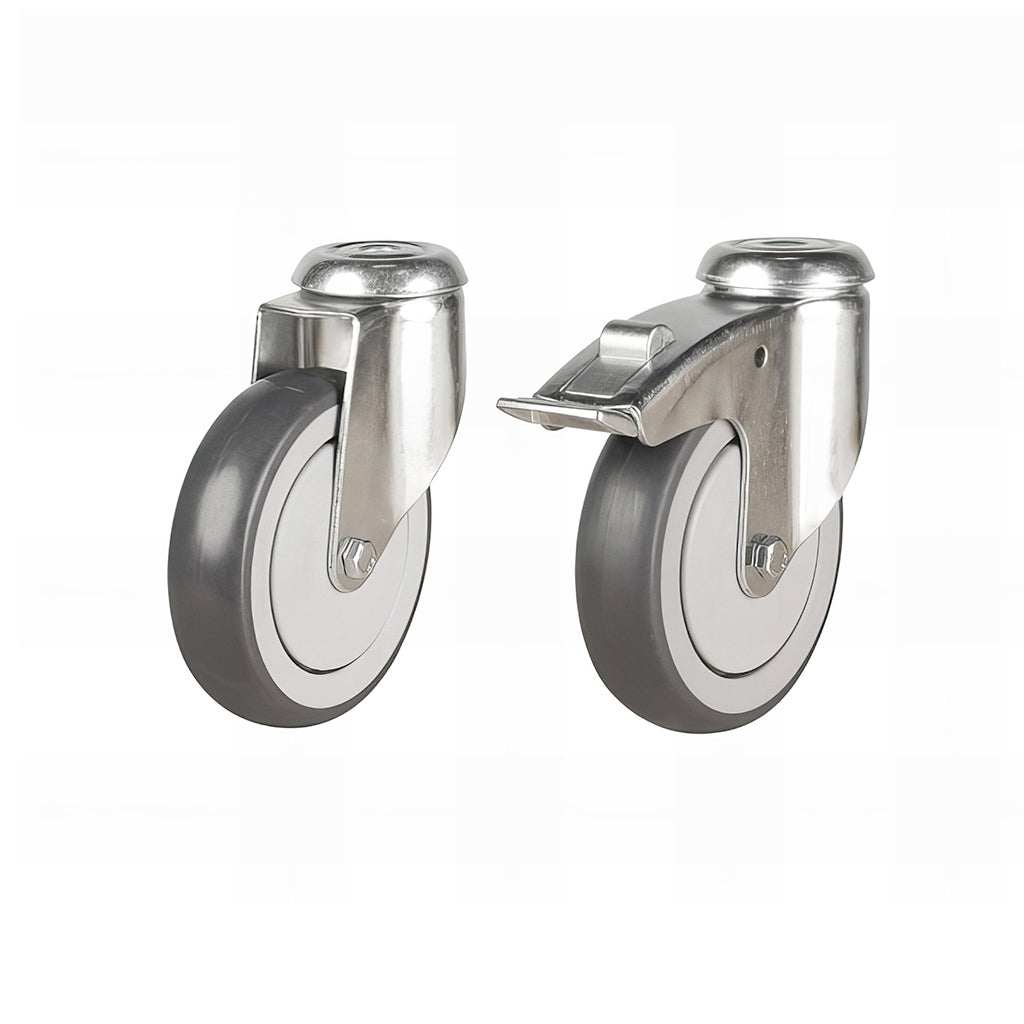 Light duty grey synthetic rubber bolt hole castor with zinc-plated bracket and non-marking TPR wheel