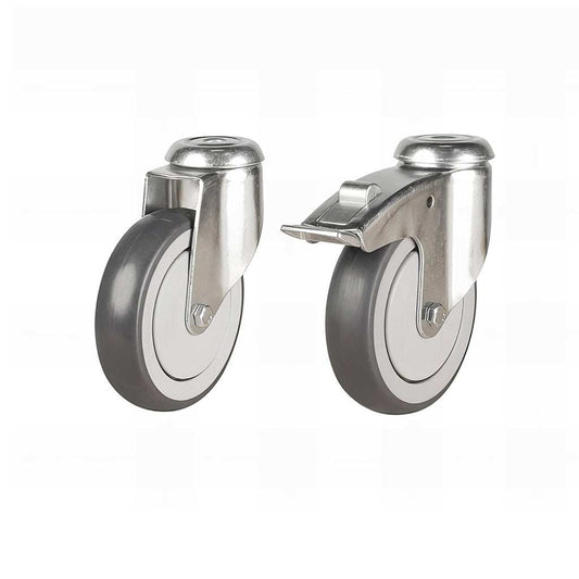 Light duty grey synthetic rubber bolt hole castor with zinc-plated bracket and non-marking TPR wheel