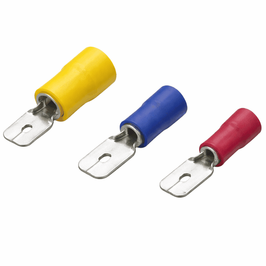 Male quick disconnect terminals made of brass with tin plating and nylon insulation for secure electrical connections