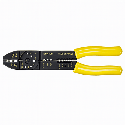 Manual terminal crimping tool with multi-function cutter, stripper, and crimper for electrical work