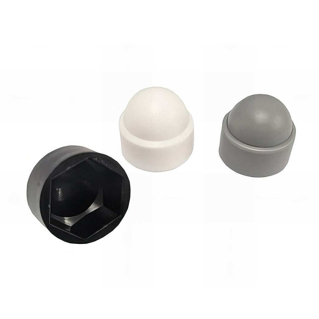 Domed low-density polyethylene hex bolt nut cover caps in black, white, and grey for neat fastener finish and protection