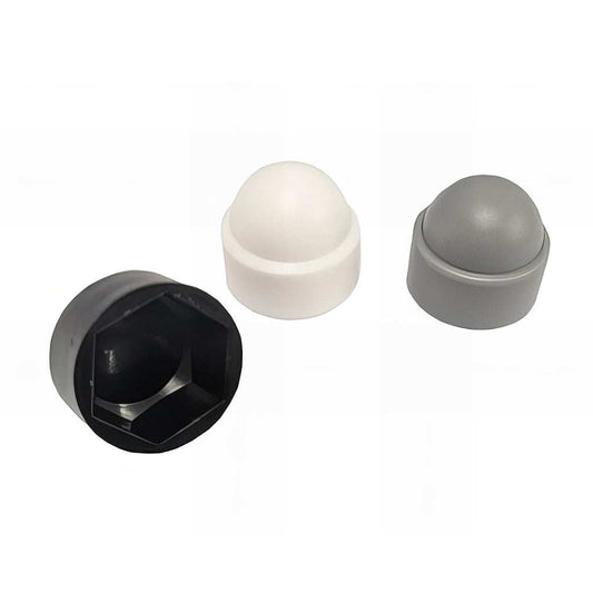 Domed low-density polyethylene hex bolt nut cover caps in black, white, and grey for neat fastener finish and protection