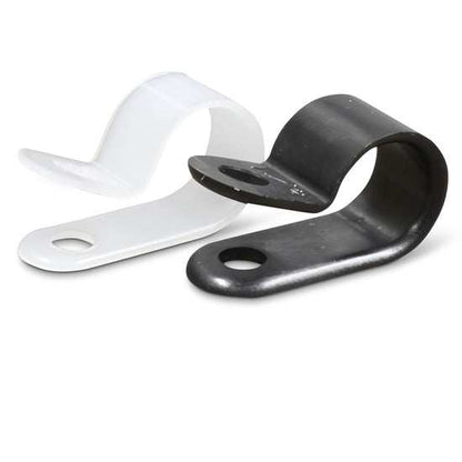 Close-up of lightweight, durable Nylon P Clips used for securing cables, tubes, and pipes in electrical and industrial installations
