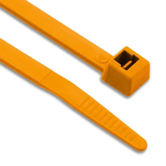 Orange coloured nylon cable ties bundle and organize cables securely with high tensile strength and weather resistance.