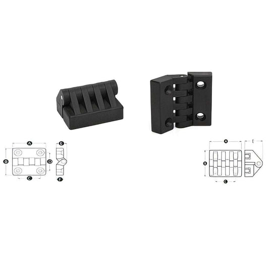 Close-up of high impact resistant thermoplastic enclosure hinge with male fitting studs and CSK screws fastening panel