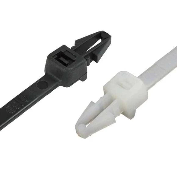 Black and natural nylon push mount cable ties for securing cables and hoses with high tensile strength
