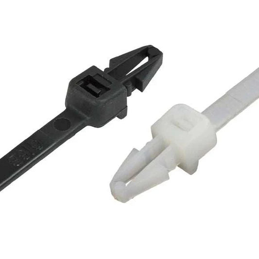 Black and natural nylon push mount cable ties for securing cables and hoses with high tensile strength