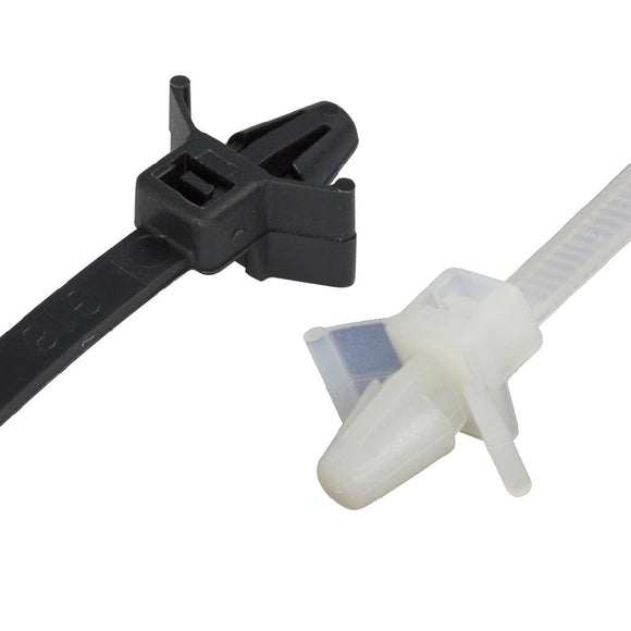 Push Mounted Wing Cable Ties securing cables to panel with integrated push-mount fixing for industrial use