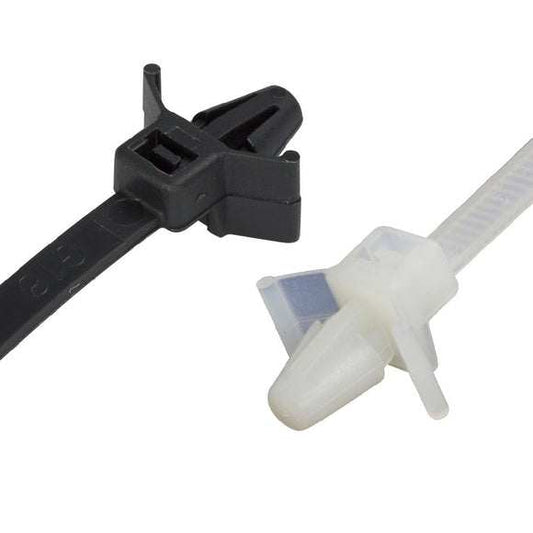 Push Mounted Wing Cable Ties securing cables to panel with integrated push-mount fixing for industrial use