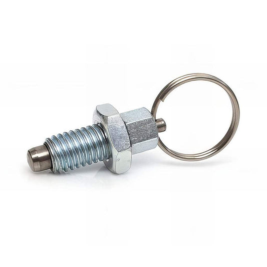 Spring loaded index plunger with stainless steel pin and ring pull in zinc plated housing