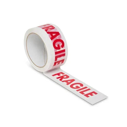 Six rolls of red and white fragile parcel tape for secure packing and handling