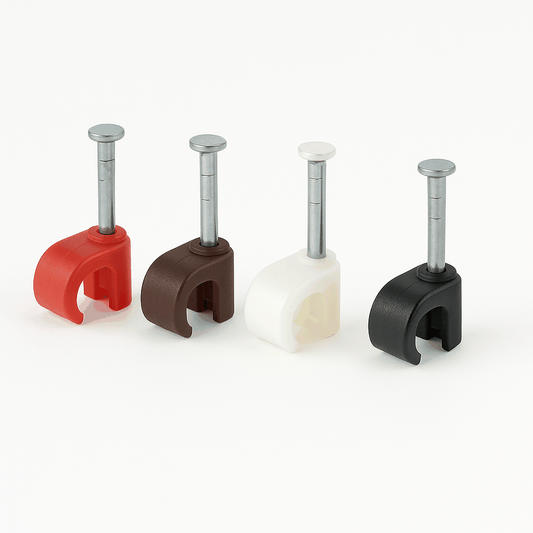 Heavy-duty round cable clips securing 3mm to 19mm cables on wood and masonry surfaces