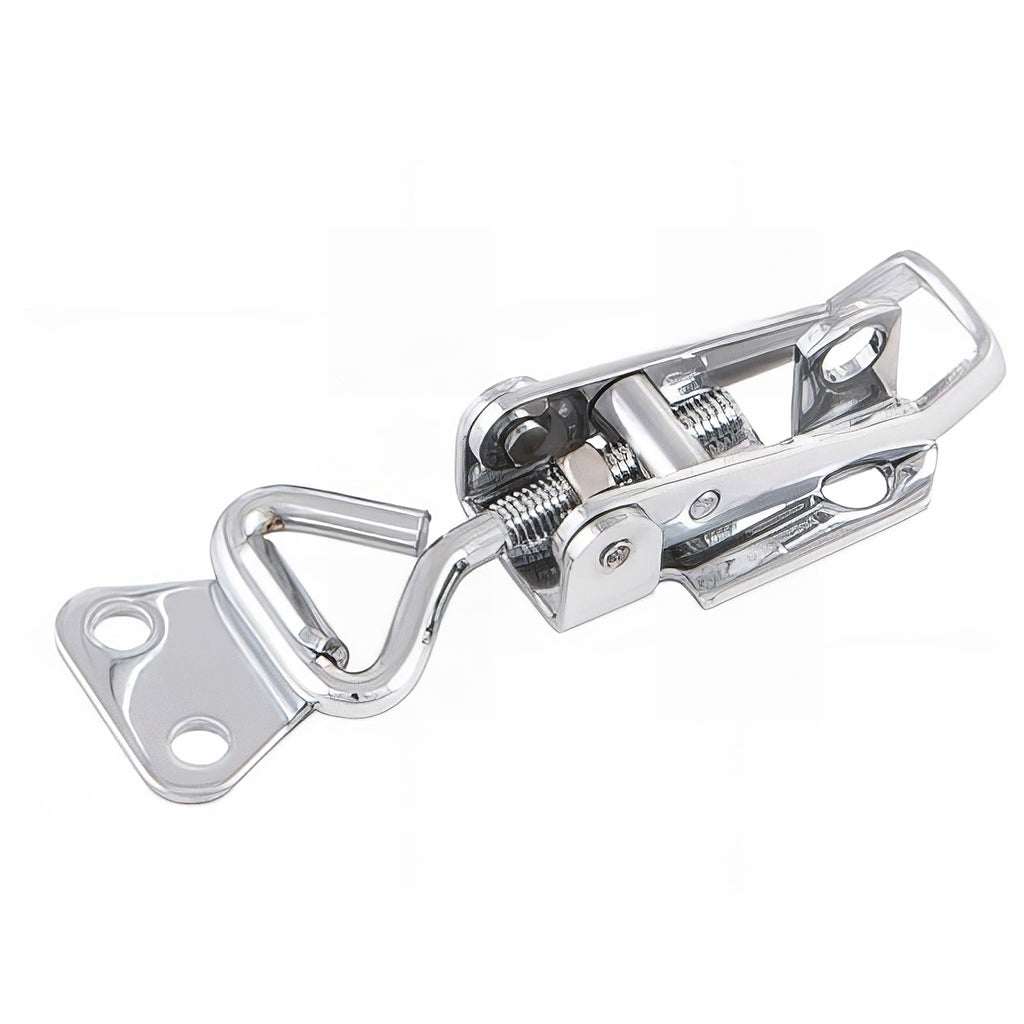 Stainless steel adjustable toggle latch with catch plate and padlock mount, polished 304 corrosion-resistant metal hardware