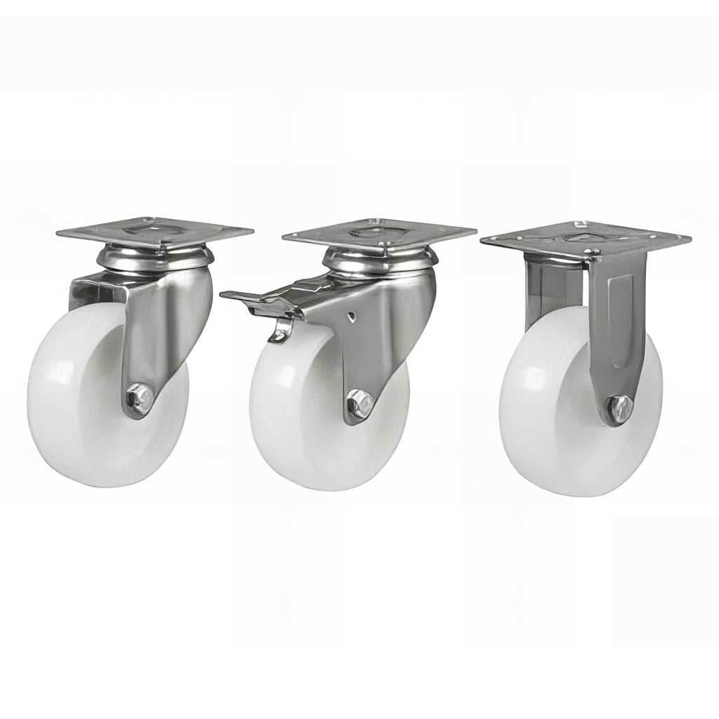 Medium duty nylon plate mounted stainless steel swivel braked castor with nylon wheel and 80kg load capacity