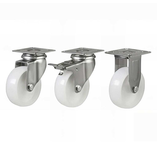 Medium duty nylon plate mounted stainless steel swivel braked castor with nylon wheel and 80kg load capacity