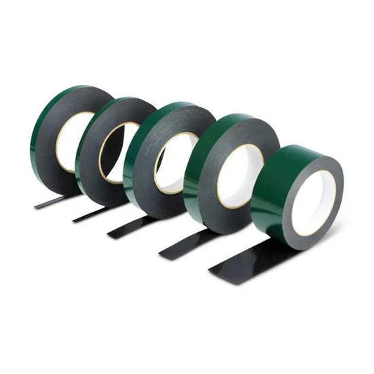 Double sided foam tapes with acrylic adhesive for industrial bonding and vibration damping in multiple widths and colors