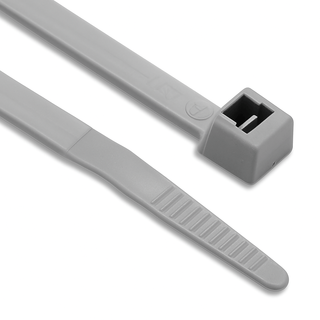 Silver coloured nylon cable ties bundled together for cable management and fastening tasks