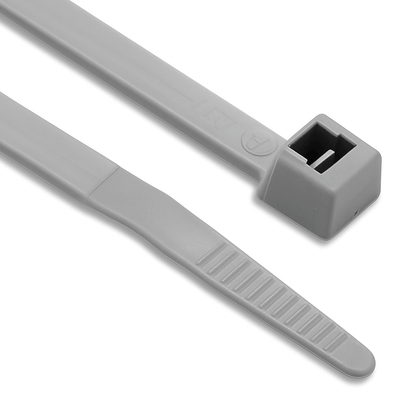 Silver coloured nylon cable ties bundled together for cable management and fastening tasks