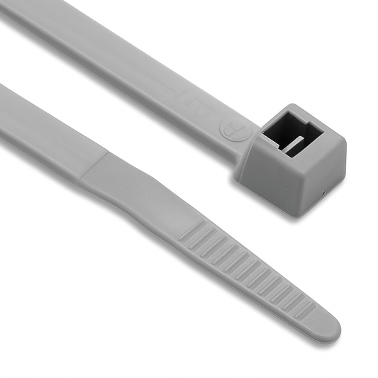 Silver coloured nylon cable ties bundled together for cable management and fastening tasks