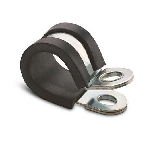 Stainless steel rubber-lined P clips with black TPE lining securing pipes and cables