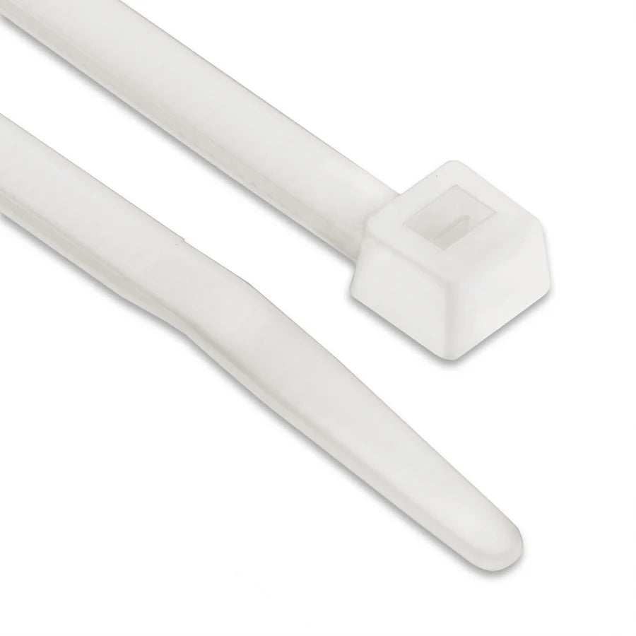Pack of 100 natural nylon cable ties made from UL-certified Nylon 66 for durable and secure fastening