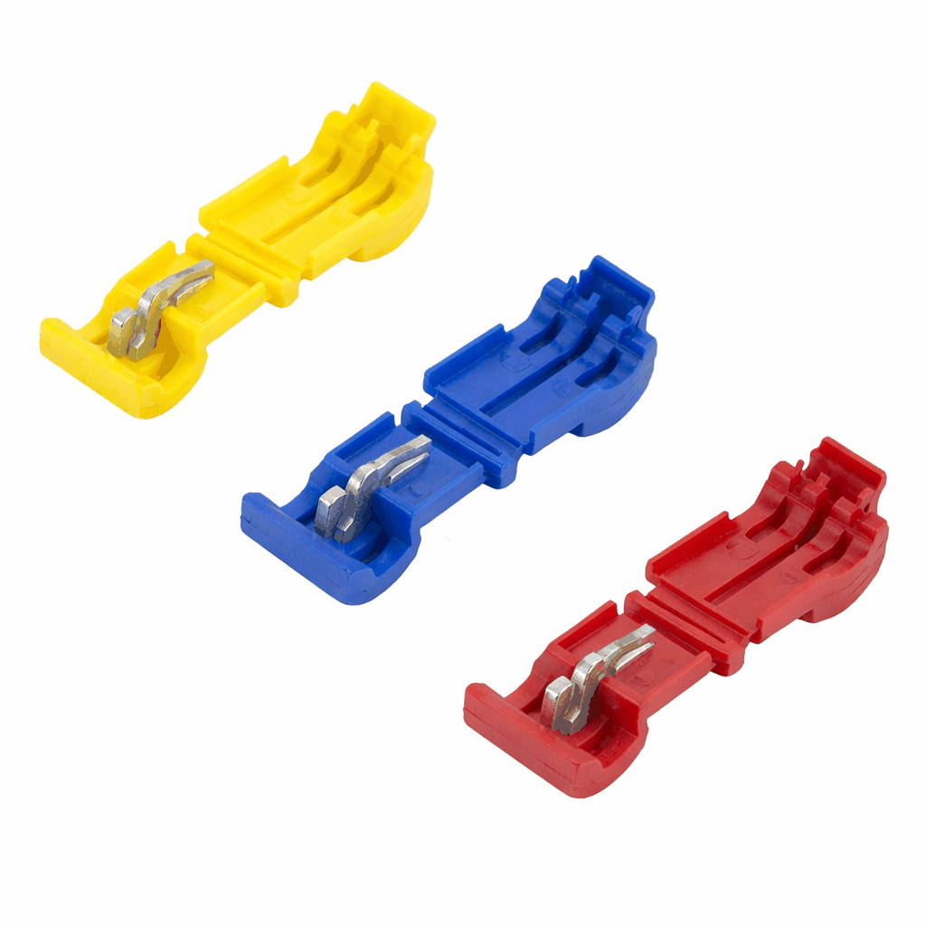 Pack of 100 T-Tap Connectors with brass conductor and nylon insulation for quick, non-invasive electrical wiring.