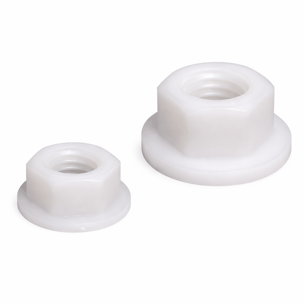 Metric Nylon Flange Hex Nuts in various sizes for threaded rods and machine screws