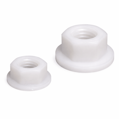 Metric Nylon Flange Hex Nuts in various sizes for threaded rods and machine screws