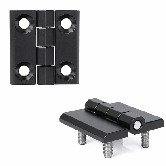 Die cast zinc hinge with black powder-coated finish for durable surface mounting on industrial and commercial applications