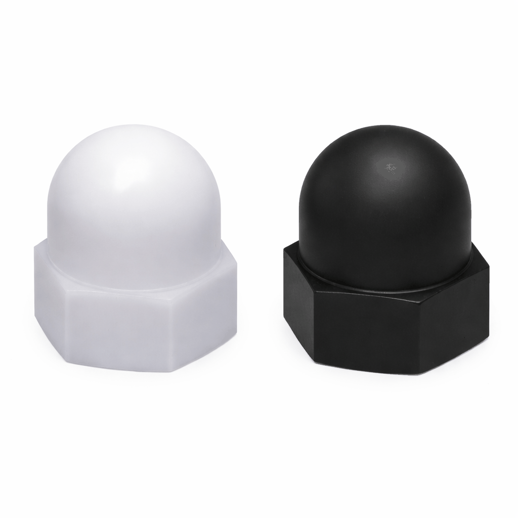 Metric Nylon Dome Nuts in various sizes M3 to M12, Nylon 66 material, natural and black colors, UL94-V2 compliant, temperature resistant -35°C to +85°C, supplied in packs of 1000