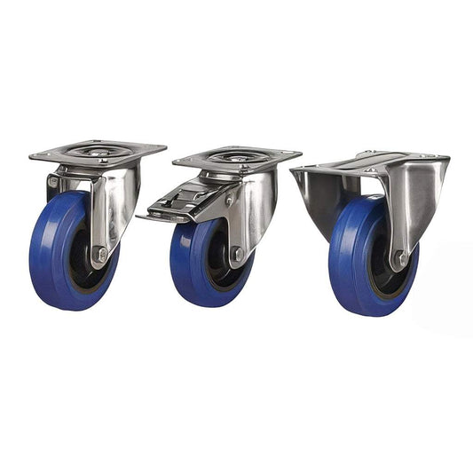 Medium duty plate mounted stainless steel swivel castor with blue non-marking elastic tyre and 150-350kg load rating